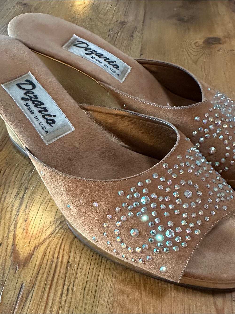 Suede Crystal-Embellished Tan Slide Sandals